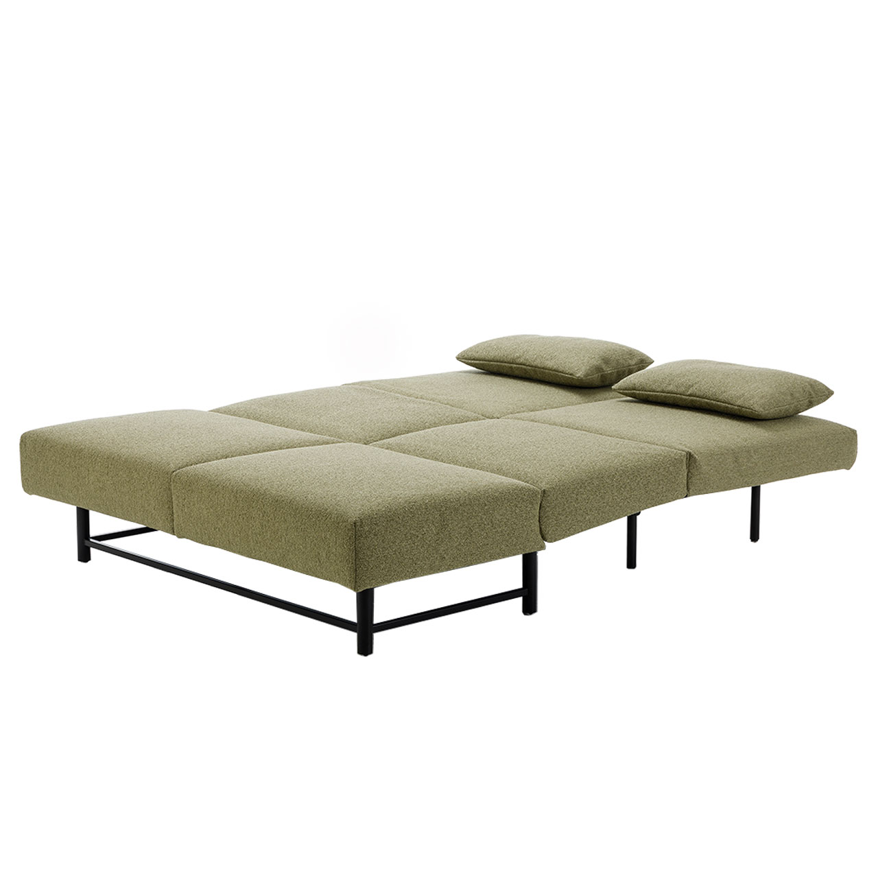 brühl Schlafsofa first class Zur Schlaffläche ausgezogenes Bettsofa mit moosgrünem Bezug und schwarzem Untergestell.