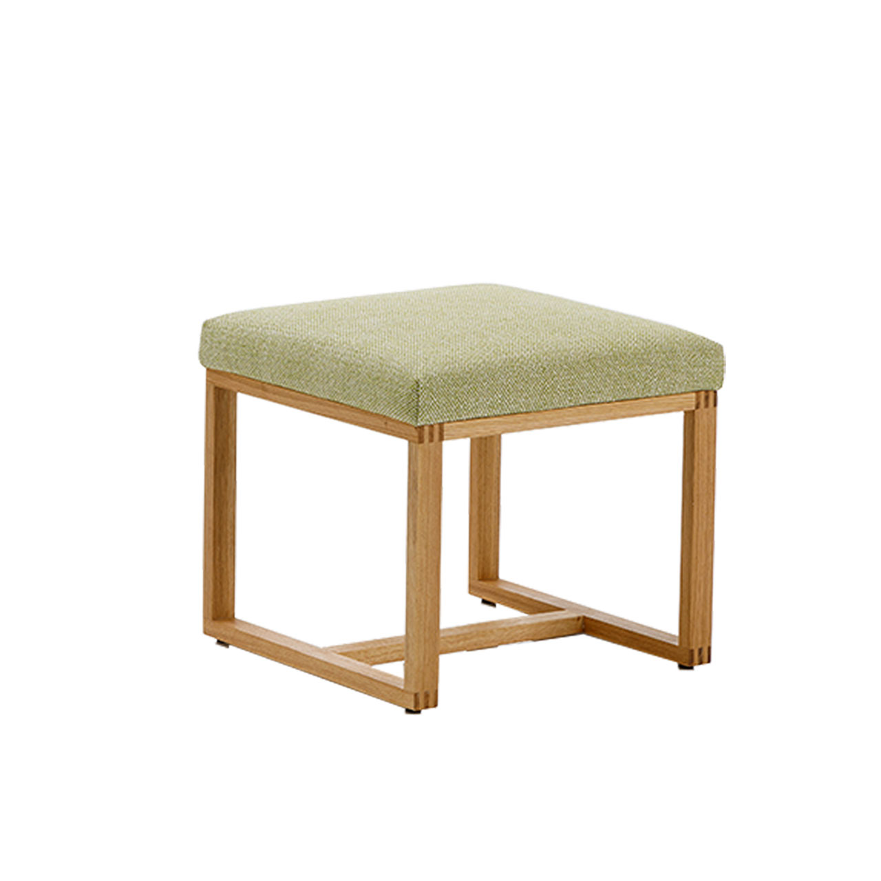 brühl grace wood 68160 Hocker mit limettengrünem Stoffbezug. Das Untergestell ist aus einem warmen Holz.