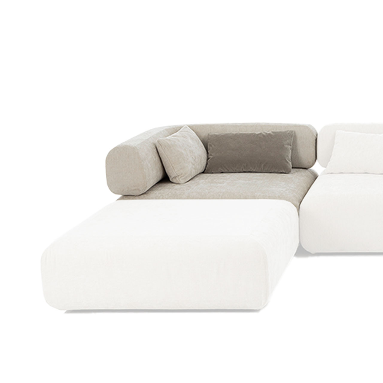 Eckelement all together 73646 U-förmige beige Sitzgarnitur der Serie all together. Das Eckelement hinten links wurde farblich hervorgehoben.