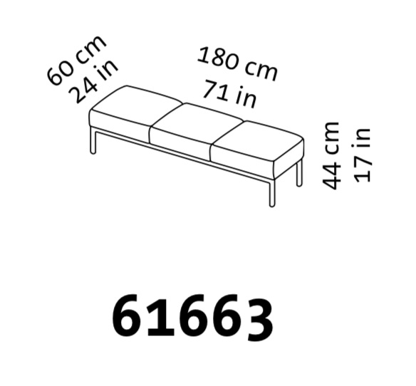 Maßzeichnung brühl add1 Bank 3-Sitzer 61663 Maßzeichnung einer Sitzbank der Serie add1 ohne Rückenlehne mit drei Sitzplätzen.