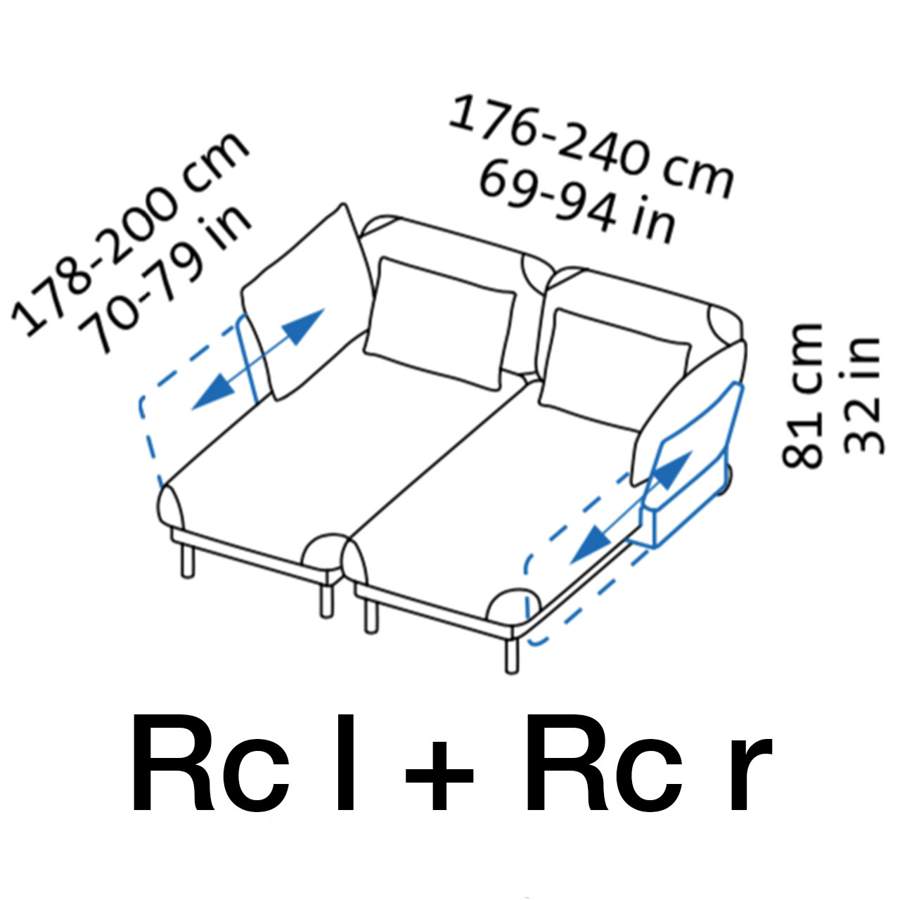 Maßzeichnung brühl tam 55340 + 55341 Maßzeichnung brühl tam Kombination Recamiere Armlehne llinks und Armlehne rechts